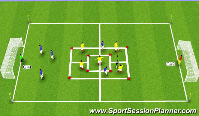 Football/Soccer Session Plan Drill (Colour): 5 vs. 2 in 5 Grids to Goal