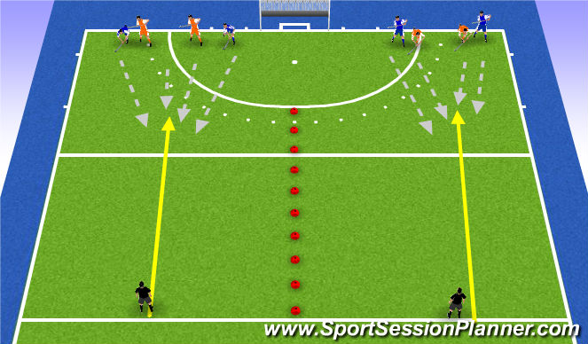 Hockey Session Plan Drill (Colour): 2v2 long balls