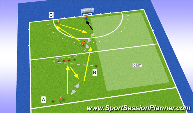 Hockey Session Plan Drill (Colour): Combinatie loopactie en 1-2 met de guard