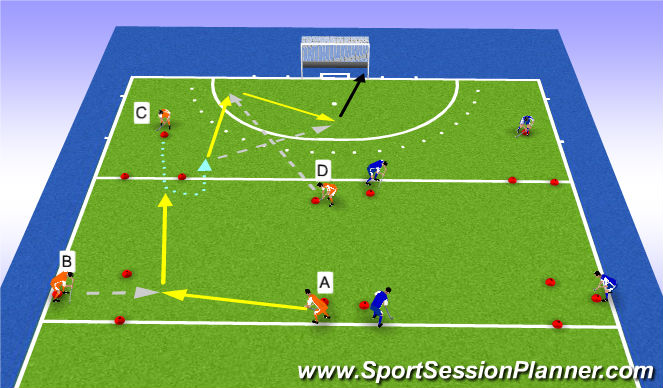 Hockey Session Plan Drill (Colour): In de bal komen, aannemen, passen