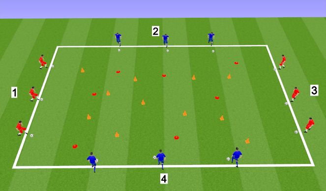 Football/Soccer Session Plan Drill (Colour): Activity 1 - Ball Mastery grid with obstacles
