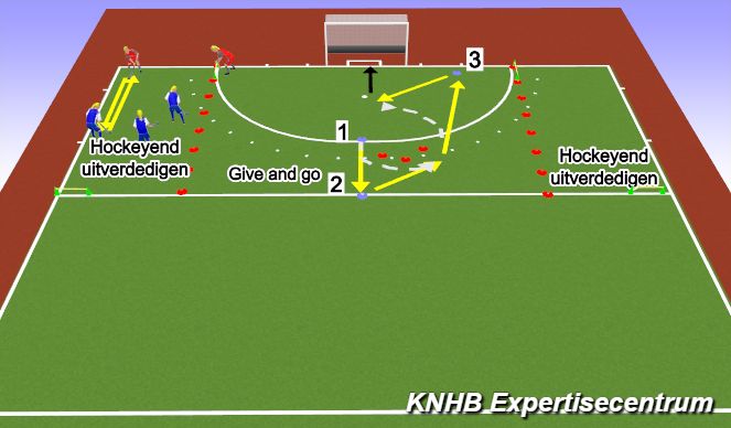 Hockey Session Plan Drill (Colour): Hockeyend uitverdedigen + give en go